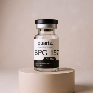 BPC-157 10mg research vial on travertine pedestal – Quartz Peptides