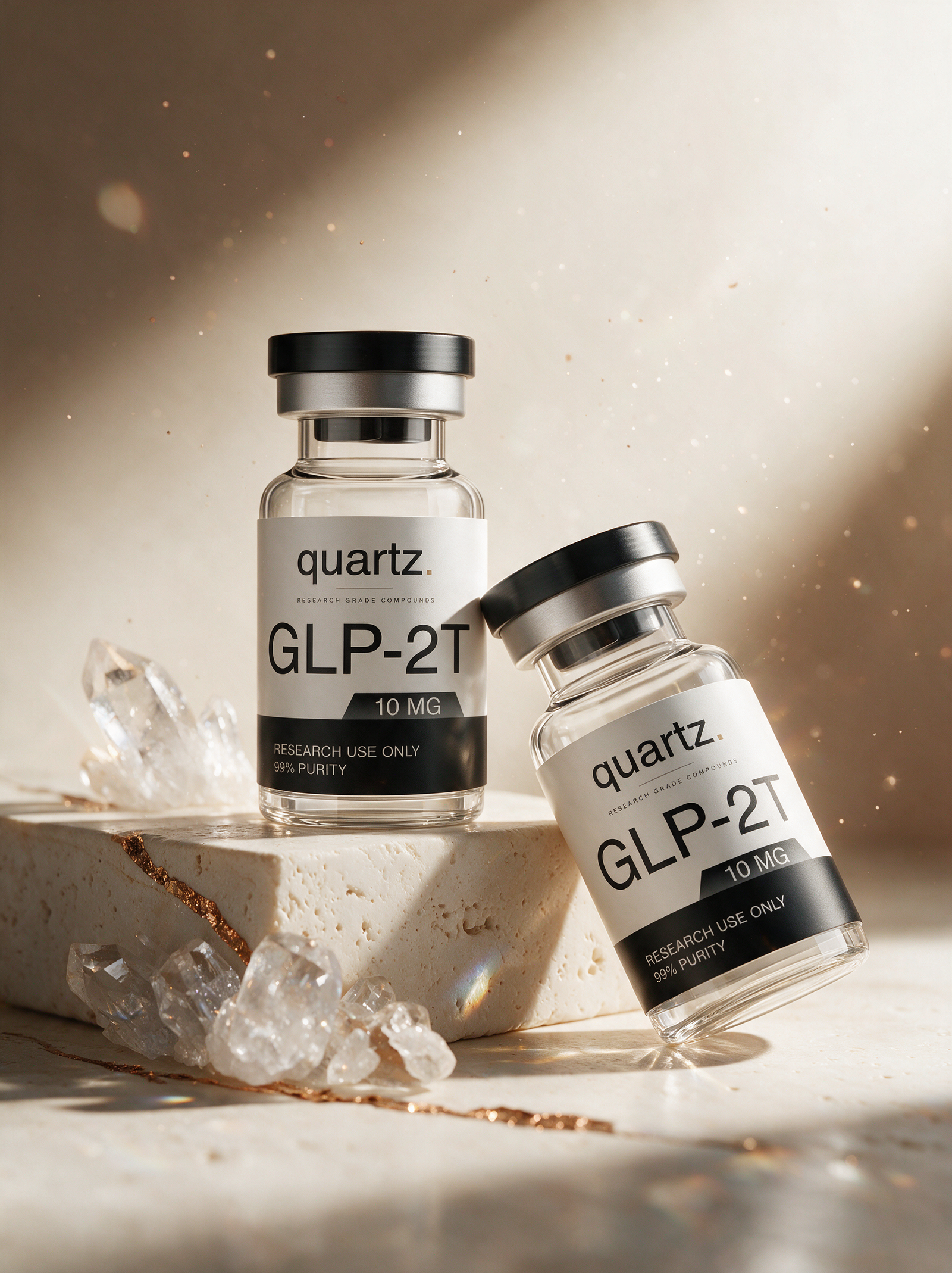 GLP-2T 10mg research vials on travertine with styled props – Quartz Peptides