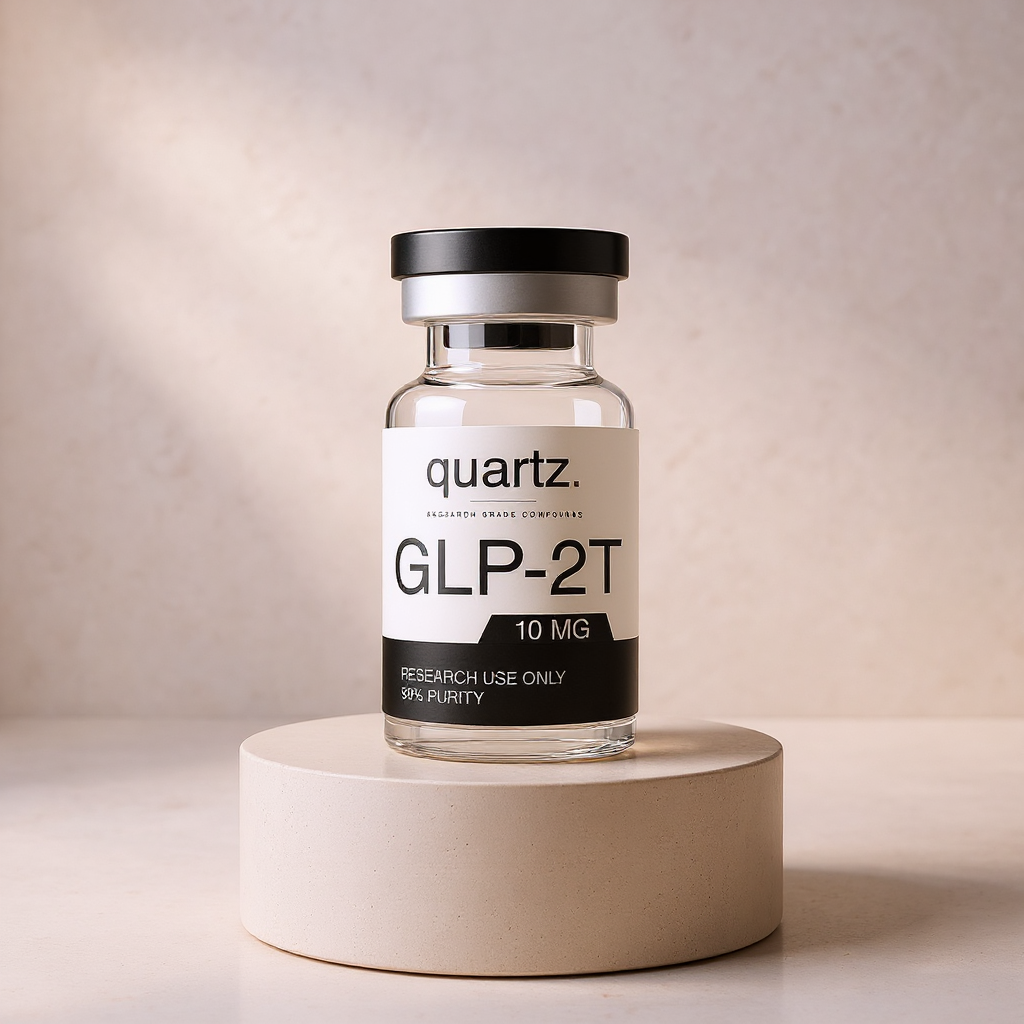 GLP-2T 10mg research vial on travertine pedestal – Quartz Peptides