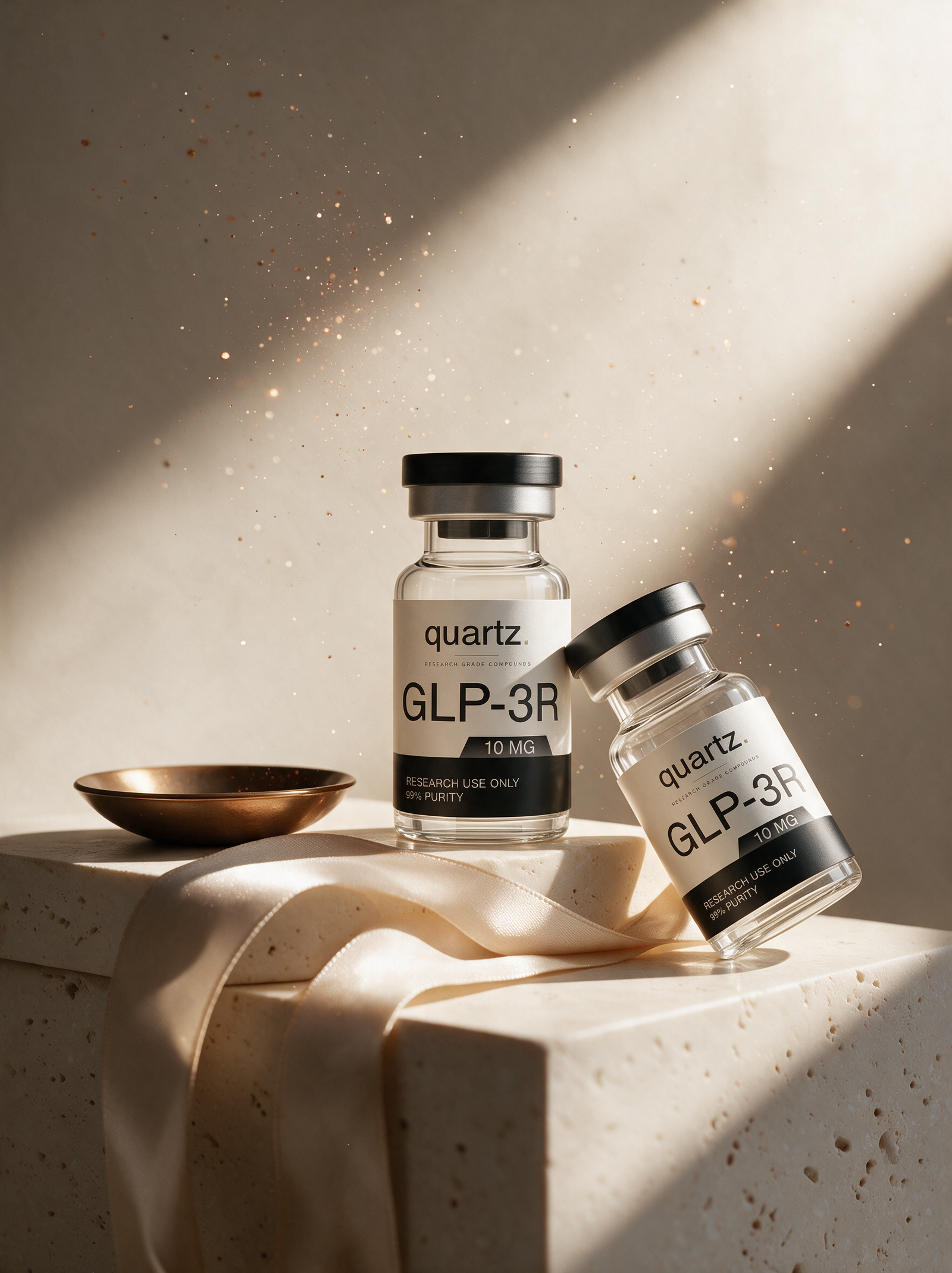 GLP-3R 10mg research vials on travertine with styled props – Quartz Peptides