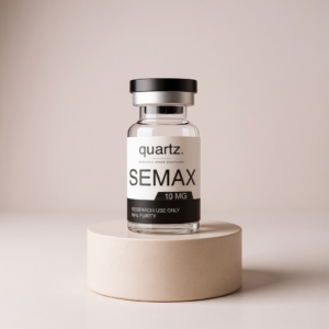 Semax 10mg research vial on travertine pedestal – Quartz Peptides