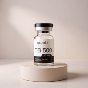 TB-500 10mg research vial on travertine pedestal – Quartz Peptides